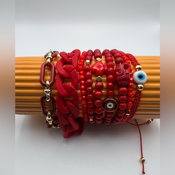 Evening Red Trendy Beaded Bracelet Set - Stylish Fashionable Bead Bracelets - Picture 7 of 15